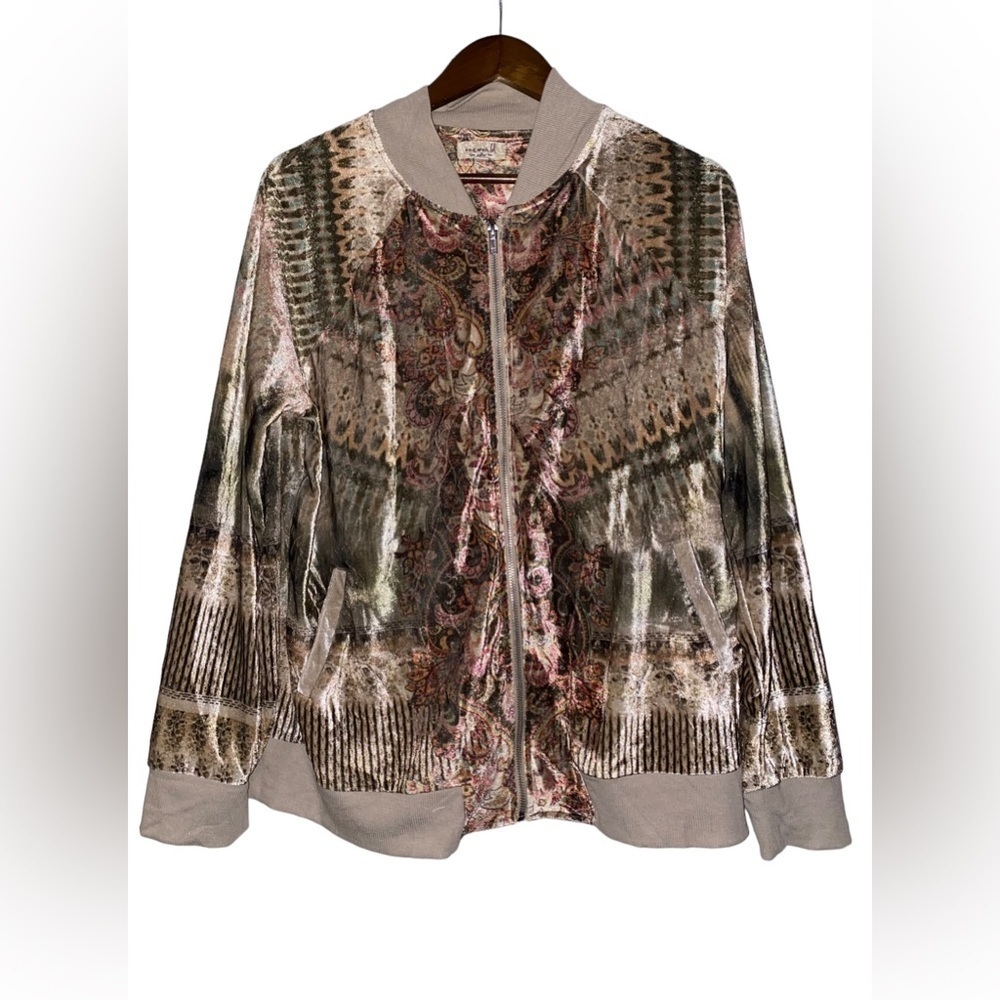 NEW One World Abstract Print Knit Full Zip Jacket Women XL Boho Mix Media